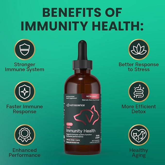 VetriScience Immunity Health Easy-Dose Liquid, Vetri DMG Immune Support Supplement for Dogs and Cats, Hypoallergenic, Support Performance, Stamina, Immune Response, DMG (Dimethylglycine), 114 ml