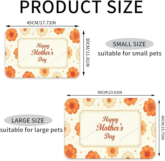Pet Feeding Mats with Residue Collection Happy Mother's Day Floral Gift for Mom Yellow Lh Waterproof Dog Cat Bowl Mat 18X12In with Prevent Water Food Spills