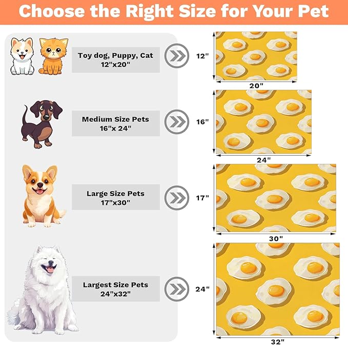 Cartoon Egg Dog Food Mat for Floors Absorbent Dog Bowl Mat for Food and Water Dispenser Quick Dry Cat Food Placemat Pet Supplies 24" x 32", Cute Fried Egg