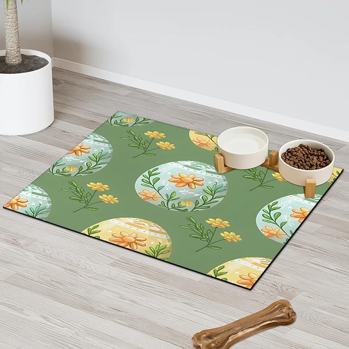 Happy Easter Dog Food Mat for Floors Absorbent Dog Bowl Mat for Food and Water Dispenser Quick Dry Cat Food Placemat Pet Supplies 12" x 20", Floral Eggs