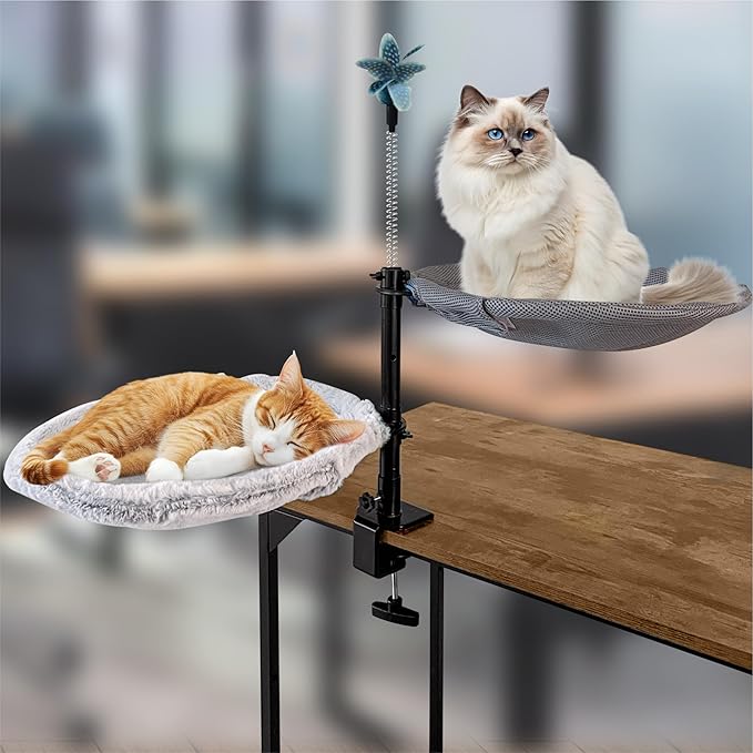2-Tier Large Cat Desk Bed with Dual Hammocks | Ultra-Soft Removable Fur & Breathable Mesh Pads | Desk-Mounted Perch for One or Multiple Cats | Bonus Feather Toy Included
