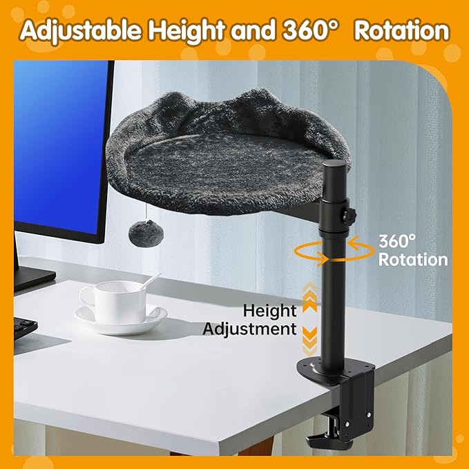 Cat Desk Bed with Adjustable Steel Frame - Faux Fur Fabric Elevated Bed for Indoor - Multi-Functional Pet Cats Mount,Furniture,Perch,Shelf,Raised,Stand-Supports up to 40lbs
