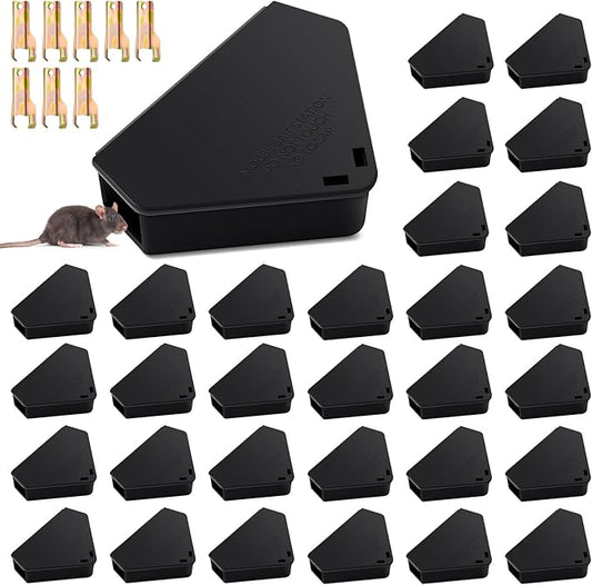 Qualirey Mice Station with Key Triangle Mouse Station Reusable Rodent Trap Box, Keeps Children and Pets Safe Indoor & Outdoor Suitable for Small Mice(Black,36 Pcs)
