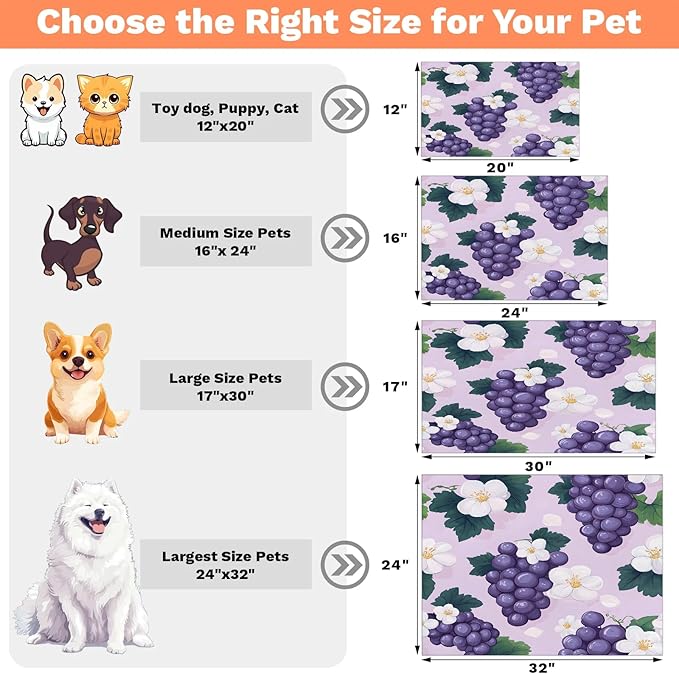 Purple Grape Dog Food Mat for Floors Absorbent Dog Bowl Mat for Food and Water Dispenser Quick Dry Cat Food Placemat Pet Supplies 16" x 24", Summer Floral