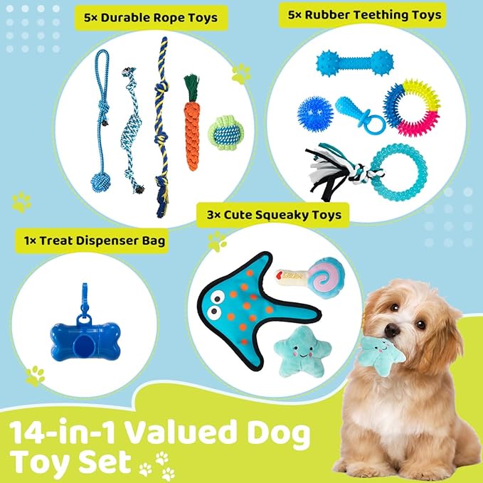 Puppy Chew Toys for Teething- 14pcs Interactive Pet Toy Set for Small Breed with Squeaky Rope Ball Toys - Birthday Gifts for Dogs