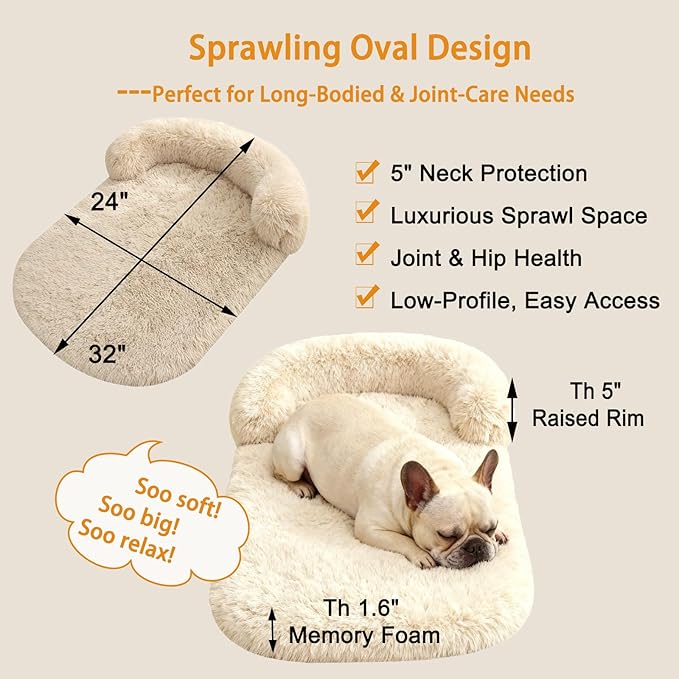 Calming Dog Beds for Medium Large Dogs, Orthopedic Cushion Plush Dogs Lounge Couch Sofa with Washable Removable Cover, Anti-Anxiety Soft Faux Fur Fits up to 40 lbs Pets (Oval, Beige 32"x24")