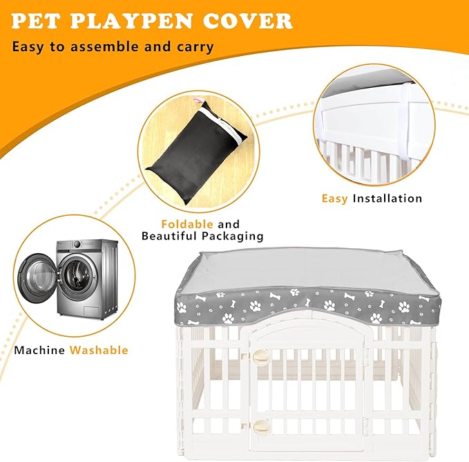 Dog Playpen Mesh Top Cover for 36" Inch Pet Playpen with 4 Panels, Dog Crate Cover Pet Tent Puppy Play Pen Cover, Ideal for Indoor/Outdoor Use. Note: Playpen Not Included (Gray)