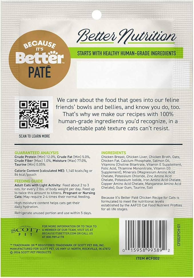 Because It's Better Pate Complete Meal, Chicken Recipe, 2.6 oz Pouches, Wet Cat Food, 12 Count