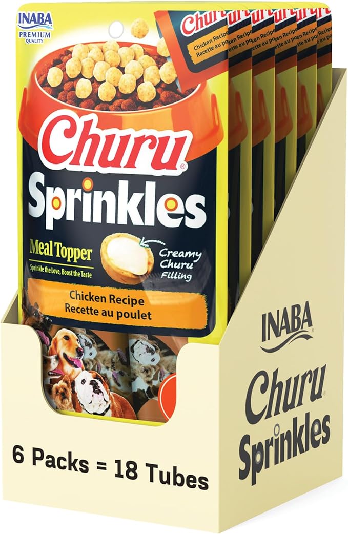 INABA Churu Sprinkles for Dog, Soft & Chewy Churu Filled Dog Meal Toppers with Vitamin E and Green Tea Extract, 1.05 oz. per Pack, 18 Packs Total, Chicken Recipe