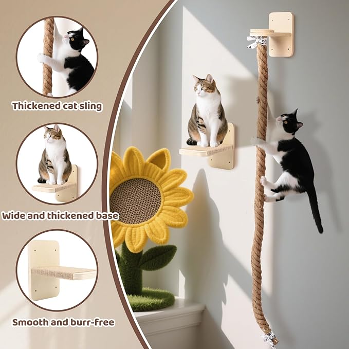 Cat Climbing Wall, Wall Mounted Cat Ladder, Cats Climbings Pole with 59in Climbing Rope, Larger and Wider Base Cats Ladder for Walls with Scratching Post (2m/78.7in Long)