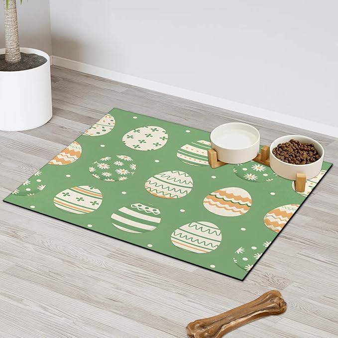 Easter Egg Dog Food Mat for Floors Absorbent Dog Bowl Mat for Food and Water Dispenser Quick Dry Cat Food Placemat Pet Supplies 17" x 30", Colorful Eggs
