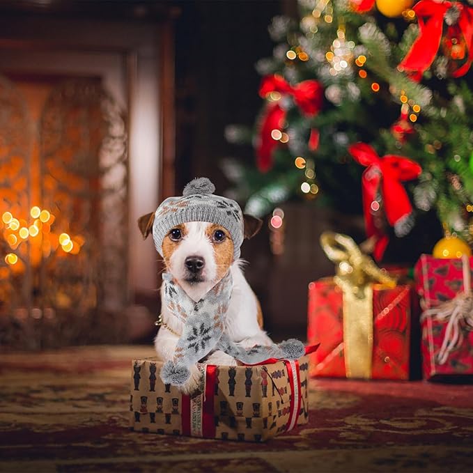 Happyyami Pet Dog Hat and Scarf Set Christmas Knitted Warm Snowflake Pattern Gray Scarf and Cap L Size for Holiday Pet Costume Supplies