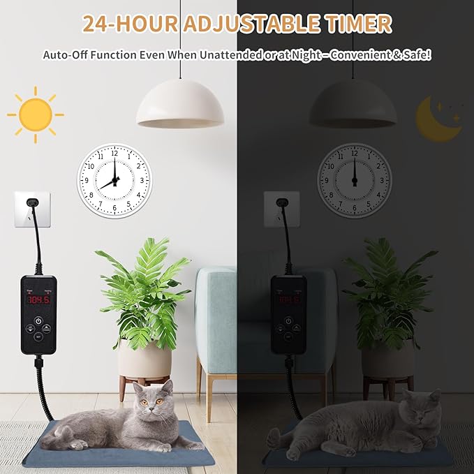 Pet Heating Pad for Cats and Dogs - Electric Warming Mat with Timer & Temperature Setting, Waterproof Cover, Auto Shut-Off - Safe Indoor Bed Warmer, 20 x 16 Inch