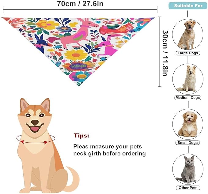 Dog Bandana Spring Pet Scarf Adjustable Triangle Mexican Otomi Animals Printing Dog Bib Washable Polyester Puppy Bandana for Small Medium Large Dogs Cat Birthday Party Supplies