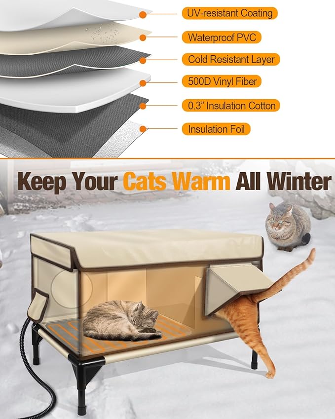 Weatherproof Heated Cat House for Outdoor in Winter, Heated Cat Bed Kitty Shelter with Cat Heating Pad, Insulated & Safe Escape Door, Warm House for Outside Stray Cat (Beige, 17.7"x25.5"x17.9")