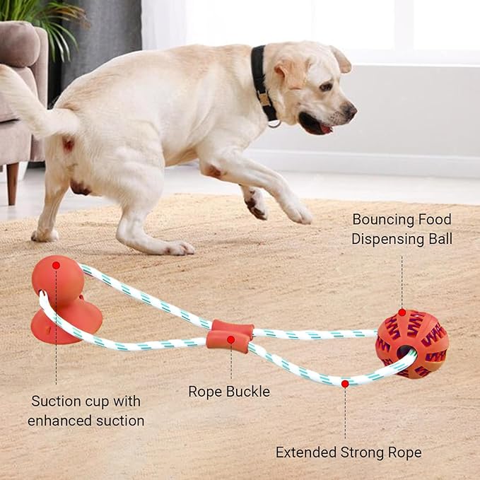 Dog Chew Toys for Aggressive Chewers, Tug of War Suction Cup, Pull Ball with Suction Cup, Suitable for All Breeds, Puppy Chew Toys for Teething, Indestructible Dog Treat Food Dispensing Ball (Red)