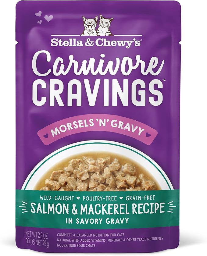Stella & Chewy's Carnivore Cravings Wet Cat Food Pouches - Premium Salmon & Mackerel Recipe - Grain-Free Morsels & Gravy - Perfect for Picky Eaters - Complete Meal or Topper - 2.8oz, 12-Pack