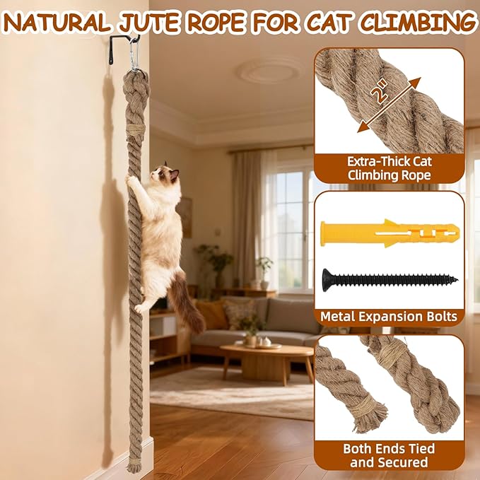 2" x 4.92Ft Cat Climbing Rope with Hook, Natural Cat Climbing Jute Rope for Wall Mounted, Durable Sisal Ropes for Indoor and Outdoor Cats Scratching Playing