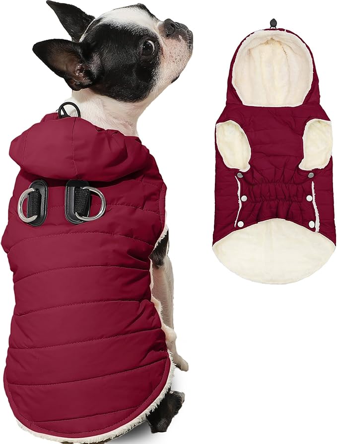 Fleece Lining Dog Hoodie with Harness Built in,Extra Warm Small Dog Jacket in Winter Puppy Coats with Drawstring Hooded,Red S