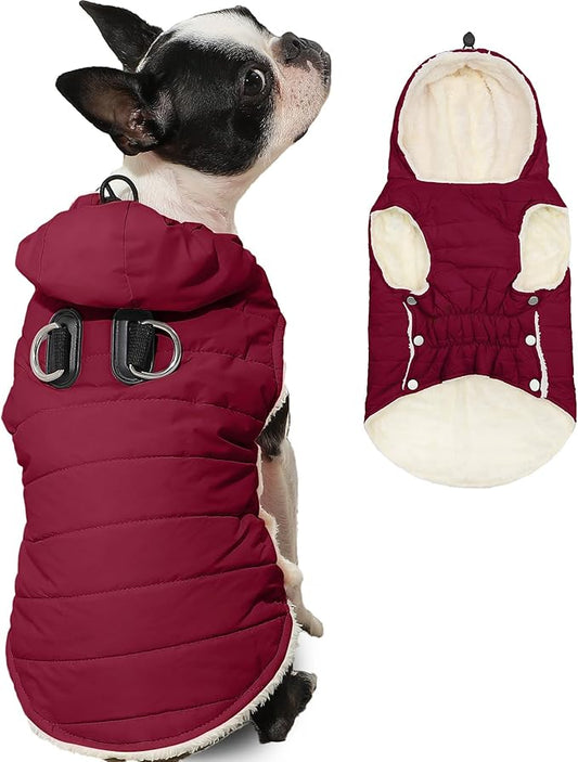 Fleece Lining Dog Hoodie with Harness Built in,Extra Warm Small Dog Jacket in Winter Puppy Coats with Drawstring Hooded,Red XS