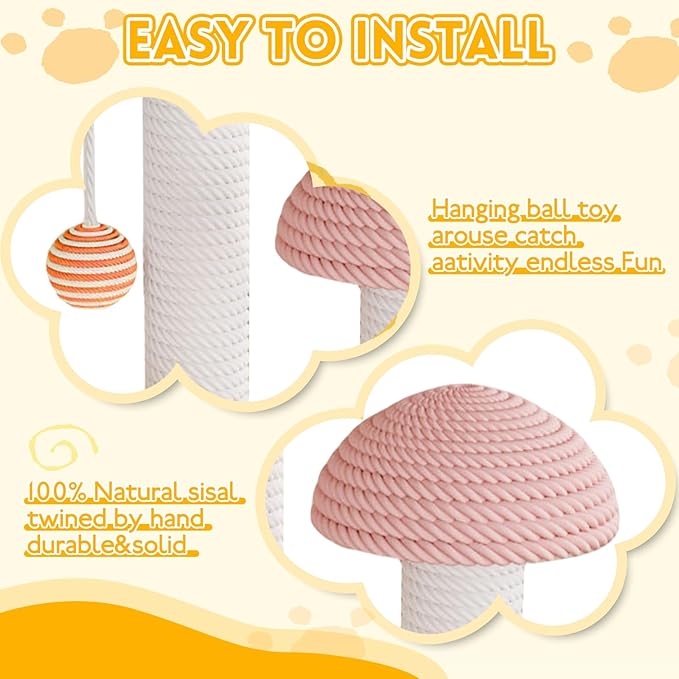 Mushroom Cat Scratcher for Kittens and Small Cats, Multi-Level Sisal Scratching Post with Hanging & Track Balls, Sturdy Wooden Base Cat Furniture for Indoor Cats’ Scratching & Playing