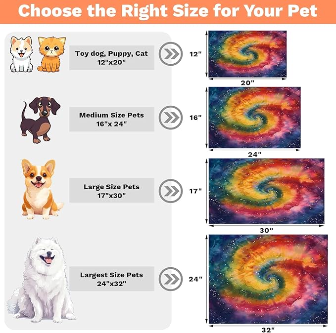 Boho Tie Dye Dog Food Mat for Floors Absorbent, Quick Dry Water Dispenser Mat for Food, Water, Pet Supplies 16" x 24", Rainbow