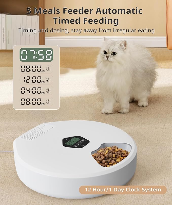 Automatic Cat Feeder,Dry and Wet Cat Food Dispenser,5 Meal Timed Programmable Pet Feeder,2 Ice Packs,Dual-Power Timed Auto Kitten & Small Dog Food Dispenser,Removable & Easy to Clean