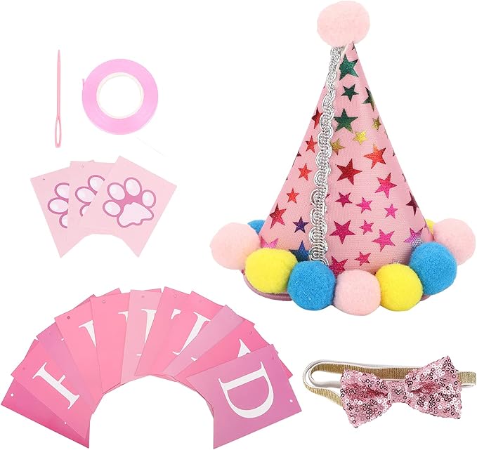 Dog Birthday Hat and Bow Tie Set, Adjustable Soft Pet Party Supplies, Cute Birthday Decorations with Banner for Small Medium Dogs, Washable Polyester Cotton Fabric (Pink)