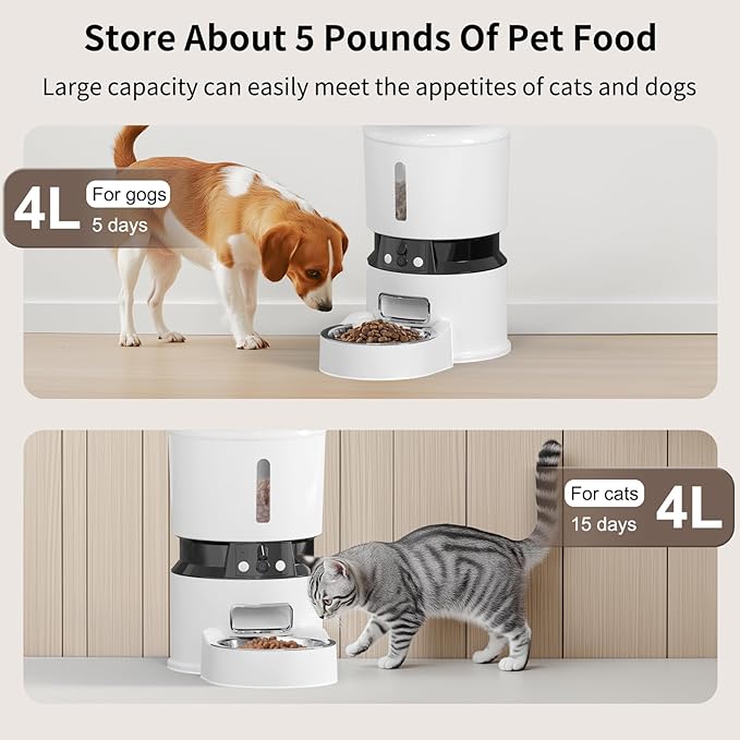 Automatic Cat Feeders with 2 Cameras and App, 4L 1080P HD Timed Pet Feeder Smart Dog Food Dispenser 2-Way Audio for Cats/Small Dogs, Cat Food Dispenser with Night Vision/Motion Alerts, WiFi 2.4G/5G