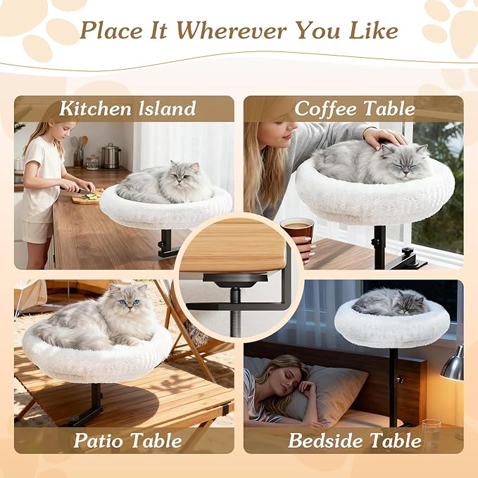 VERIFOST Adjustable Cat Desk Bed, 360° Rotatable Elevated Desk Cat Bed for Home Office, Space-Saving Design Table Supports Up to 60 lbs, Soft Faux Fur Bed with Removable Washable Cover (Beige)