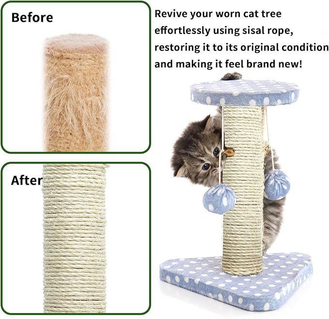 White Sisal Rope 3mm by 164-Feet for Cat Scratching Post Tree Tower Replacement Repair and Replace, DIY Hemp Twine Rope for Kittens Shelves Furniture Window Bed Perch House Climbing, 3mm by 50m