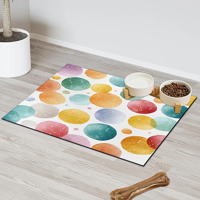 Polka Dot Dog Food Mat for Floors Absorbent Dog Bowl Mat for Food and Water Dispenser Quick Dry Cat Food Placemat Pet Supplies 17" x 30", Rainbow