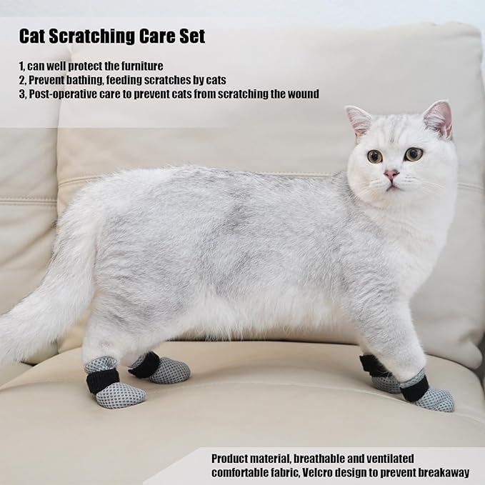 4Pcs Cat Scratch Cover for Nursing Rehabilitation, Adjustable Cat Bath Gloves,Cat Bathing Bag, Cat Grooming Mesh Bag (Grey-1)