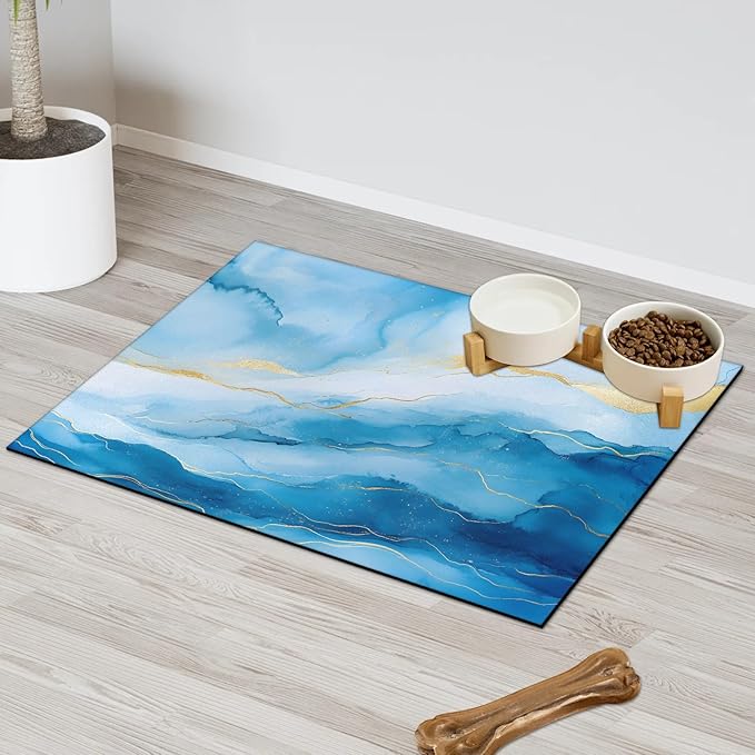 Marble Dog Food Mat for Floors Absorbent, Quick Dry Water Dispenser Mat for Food, Water, Pet Supplies 12" x 20", Blue Gold Marble