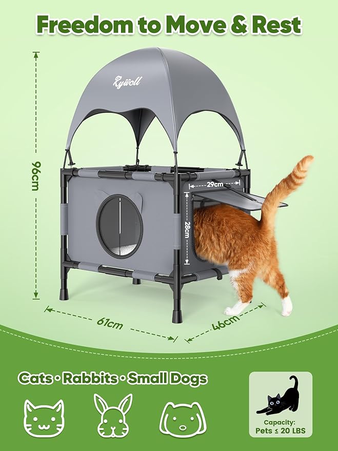 Rywell Outdoor Cat House Elevated 2-Tier Outdoor Cat Shelter with Canopy, Multi-Level Raised Platform, Outside Cat House with Breathable Mesh & Reversible Pad for Multiple Cats