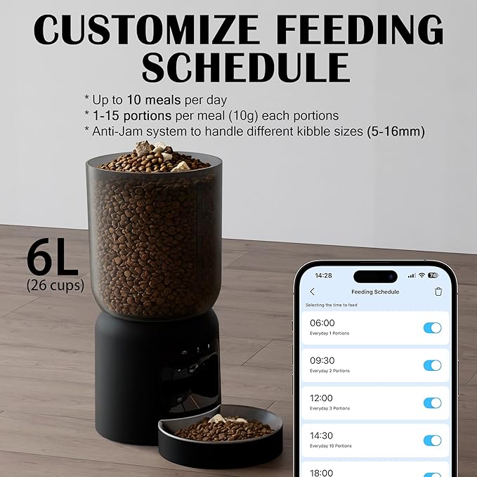 Automatic Cat Feeder with 2K Camera: Cat Food Dispenser with 6L Capacity, Container for Multiple Pet; Automatic Dog Feeder with Night Vision Support 5/2.4GHz & 2-Way Audio, Anti-Jam Design (Black)