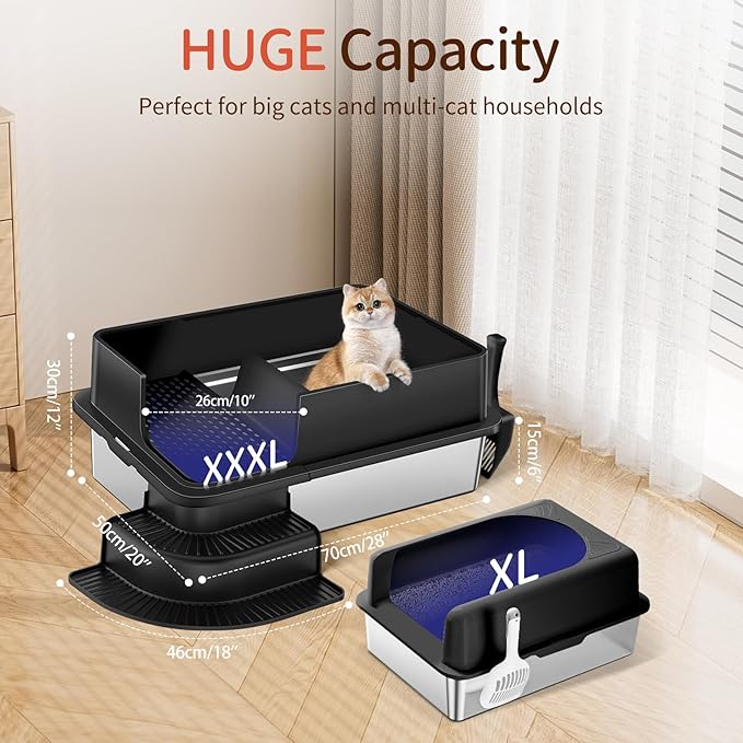 XXXL Stainless Steel Litter Box, 28"x20"x12" Extra Large Semi Enclosed High Sided Metal Cat Litter Box with Filtered Grid, Step, Scoop, Non-Sticky, Non-Odor, Easy Cleaning (Black)