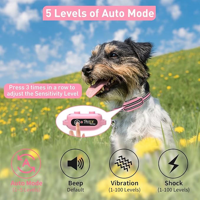PetJoy Dog Shock Collar System – Remote-Controlled Bark Collar for Large Dogs, 2-in-1 Auto & Manual Mode, Vibration & Sound, 5 Adjustable Levels, 1000ft Range, Rechargeable Battery