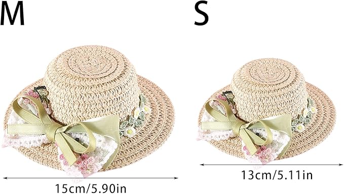 Pet Straw Hat Outdoor Sunbonnet Supplies Flower Lace Puppy with Ribbon Bow Flower Pet
