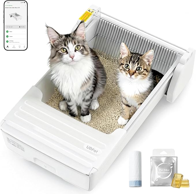 Open Top Automatic Litter Box, Self Cleaning Cat Litter Box with APP Control and Safety Sensor, Dual Rake, Odor Control, Large Capacity for Multiple Cats
