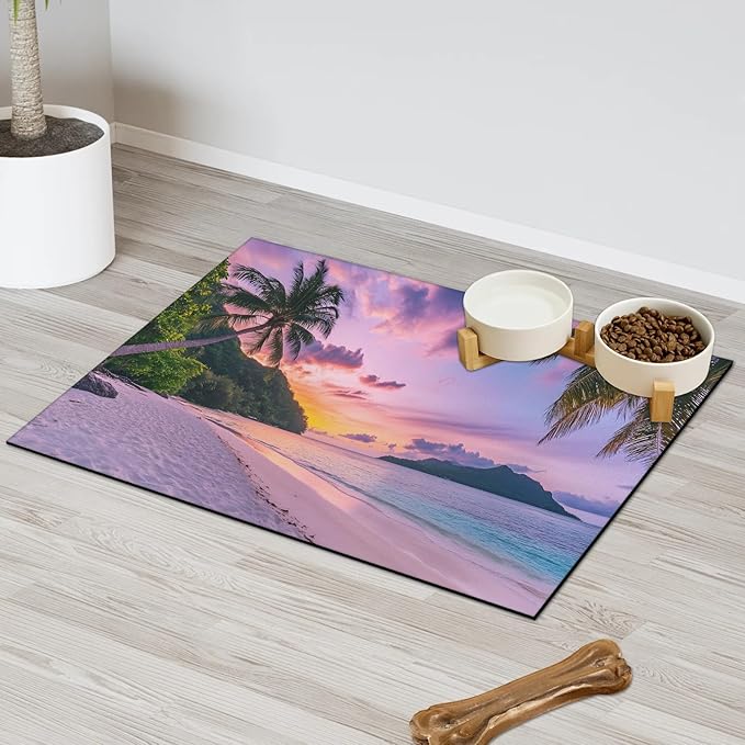 Ocean Beach Dog Food Mat for Floors Absorbent, Quick Dry Water Dispenser Mat for Food, Water, Pet Supplies 24" x 32", Hawaiian Sunrise