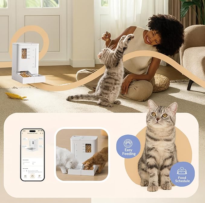 Waithem Wi-Fi Automatic Pet Feeder and Waterer for Cats&Dogs, 2-in-1 Set Large Capacity for 2 Weeks, Intuitive App Operation, 2 Way Power Supply, Detachable for Cleaning