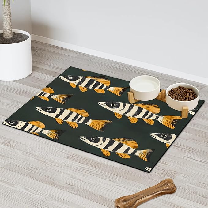Fish Dog Food Mat for Floors Absorbent Dog Bowl Mat for Food and Water Dispenser Quick Dry Cat Food Placemat Pet Supplies 16" x 24", Fish Print