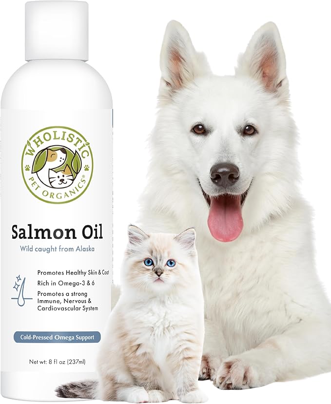 Wholistic Pet Organics Salmon Oil: Deep Sea Wild Alaskan Salmon Oil for Dogs and Cats - Natural Omega 3 Dog Fish Oil Supplement with EPA and DHA for Skin, Coat, Heart and Nervous System Health