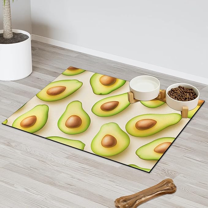 Avocado Dog Food Mat for Floors Absorbent Dog Bowl Mat for Food and Water Dispenser Quick Dry Cat Food Placemat Pet Supplies 24" x 32", Green Fruits