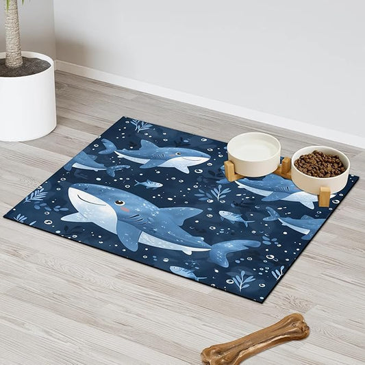 Shark Dog Food Mat for Floors Absorbent Dog Bowl Mat for Food and Water Dispenser Quick Dry Cat Food Placemat Pet Supplies 24" x 32", Ocean Sea