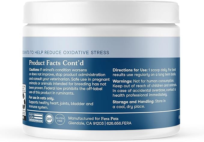 Fera Pets Wellness Blend - Cat Health Supplement with Feline-Specific Probiotics, Taurine and Lysine - Promotes Healthy Joints, Immunity, Heart & Bladder -Powder - 60 Scoops