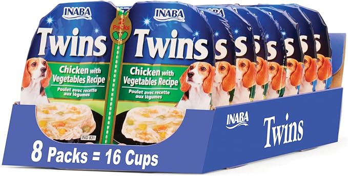 INABA Twins for Dogs, Side Dish/Topper Cups, 1.23 Ounces per Serving, 16 Servings, Chicken with Vegetables Recipe