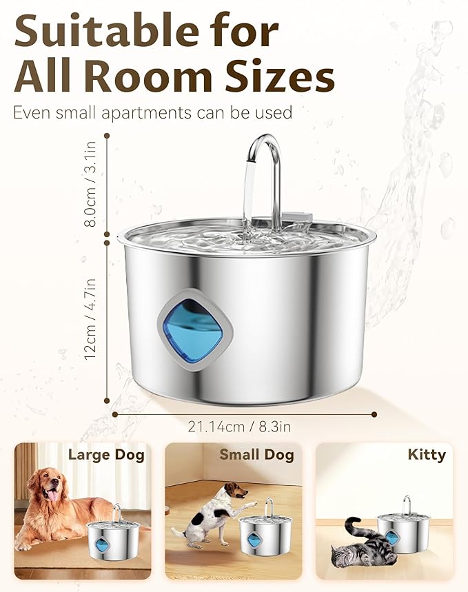Dog Water Bowl, 3.2L Stainless Steel Dog Water Fountain with 10 Filter & Quadruple Filtration, Quiet Pump Fresh Water Bowl for Pets, Visible Water Level, Easy to Clean for Dog Cat (1 Pcs+10Pcs Filter)