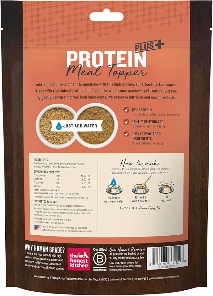 The Honest Kitchen Protein Plus+ Dehydrated Meal Topper: Grain Free Beef Superfoods, 12oz Pouch